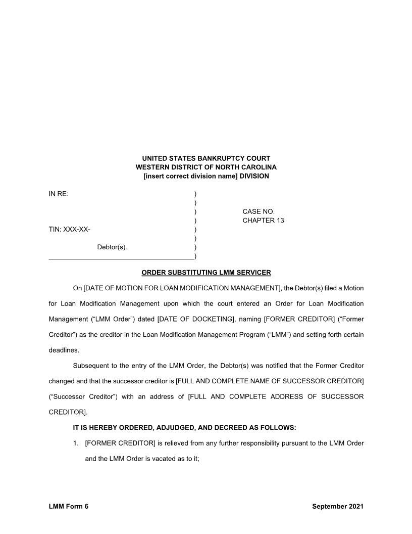 Order Substituting LMM Servicer {LMM Form 6} | Pdf Fpdf Docx | North Carolina