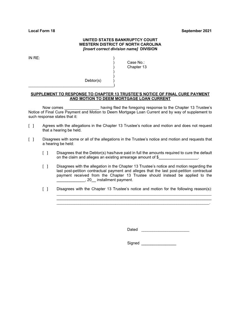 Supplement To Response To Chapter 13 Trustees Notice Of Final Cure Payment {18} | Pdf Fpdf Docx | North Carolina