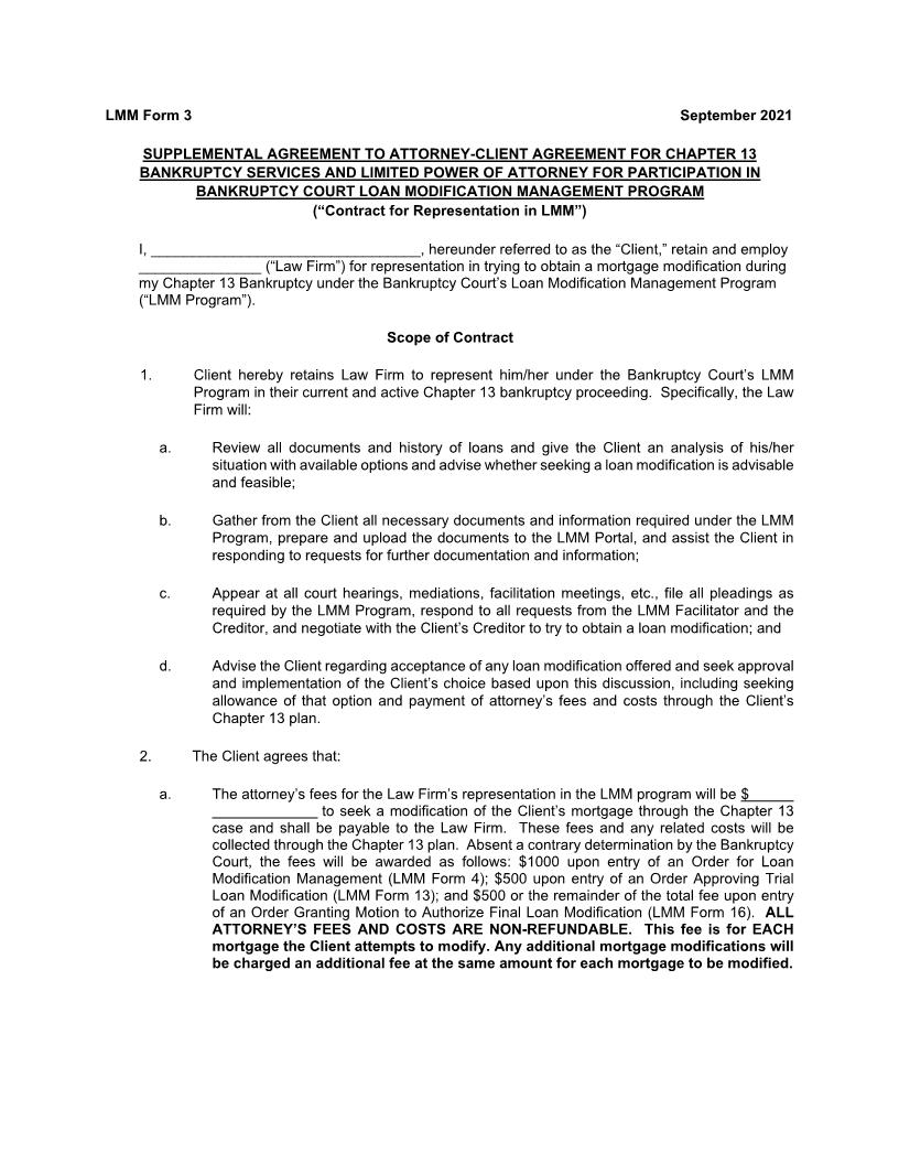 Supplemental Agrement To Attorney Client Agreement For Chapter 13 Services {LMM Form 3} | Pdf Fpdf Docx | North Carolina