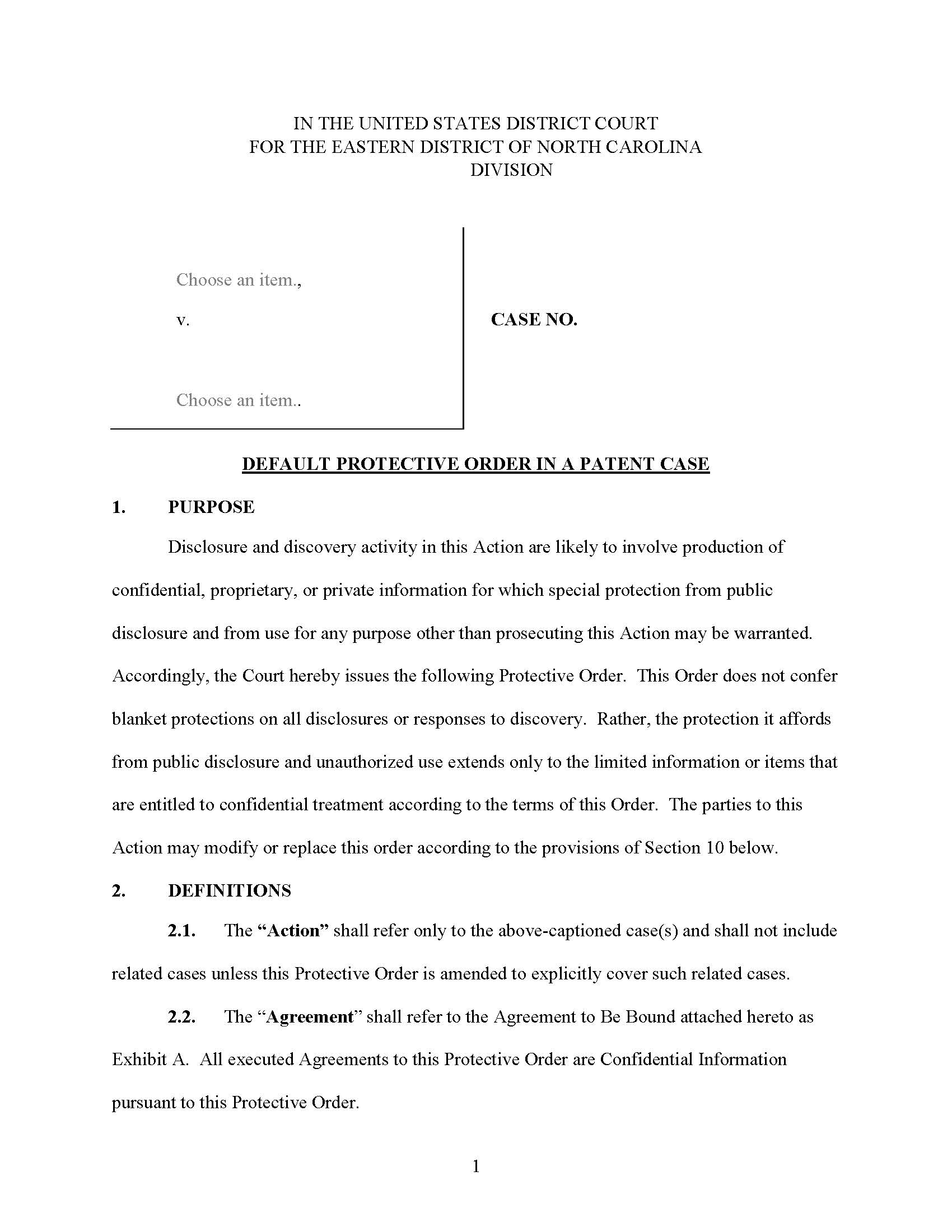 Default Protective Order In A Patent Case | Pdf Fpdf Docx | North Carolina