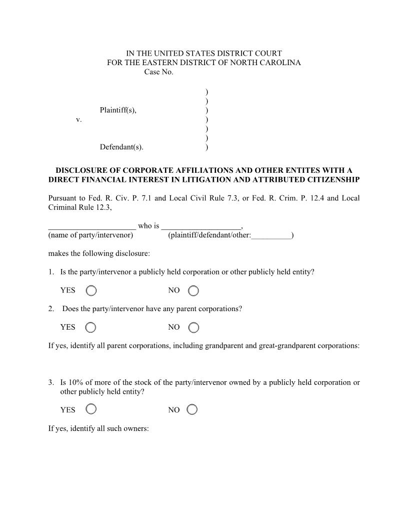 Disclosure Of Corporate Affiliation And Other Entities With Direct Financial Interest In Litigation | Pdf Fpdf Doc Docx | North Carolina