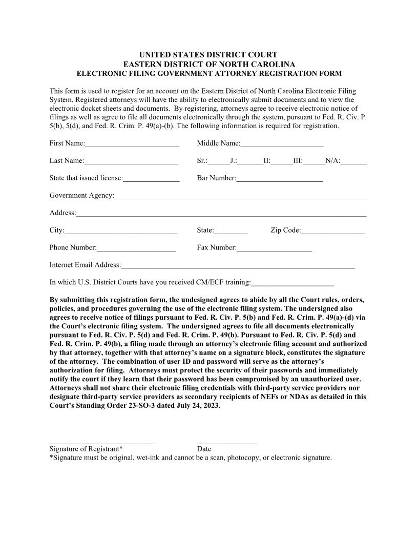 Electronic Filing Attorney Government Registration Form | Pdf Fpdf Docx | North Carolina
