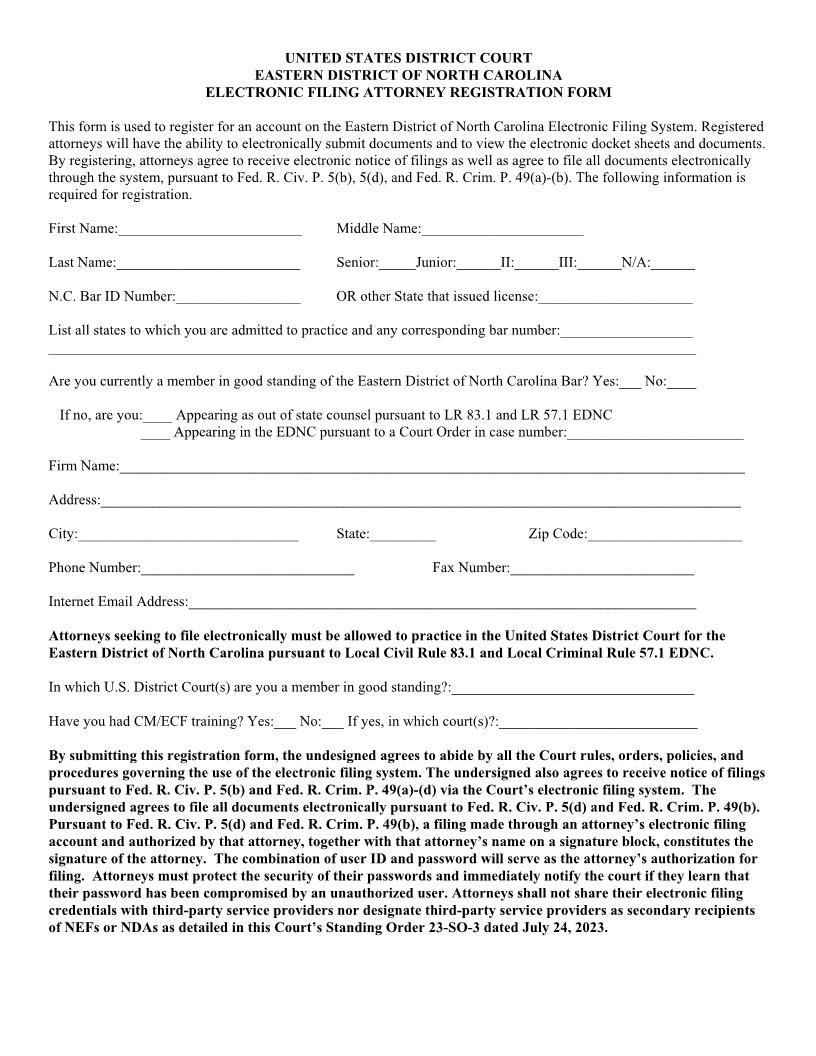 Electronic Filing Attorney Registration Form | Pdf Fpdf Docx | North Carolina