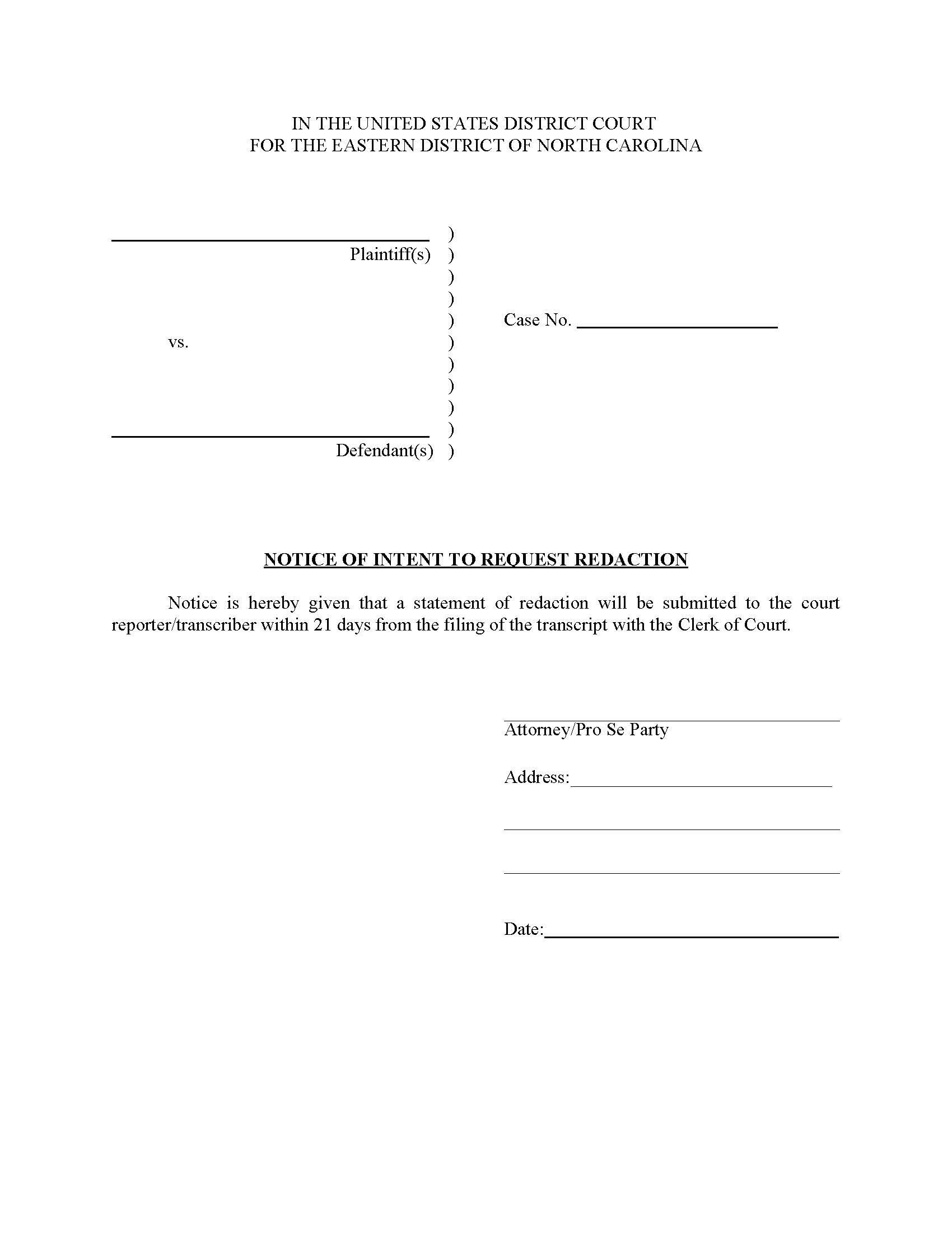 Notice Of Intent To Request Redaction | Pdf Fpdf Doc Docx | North Carolina