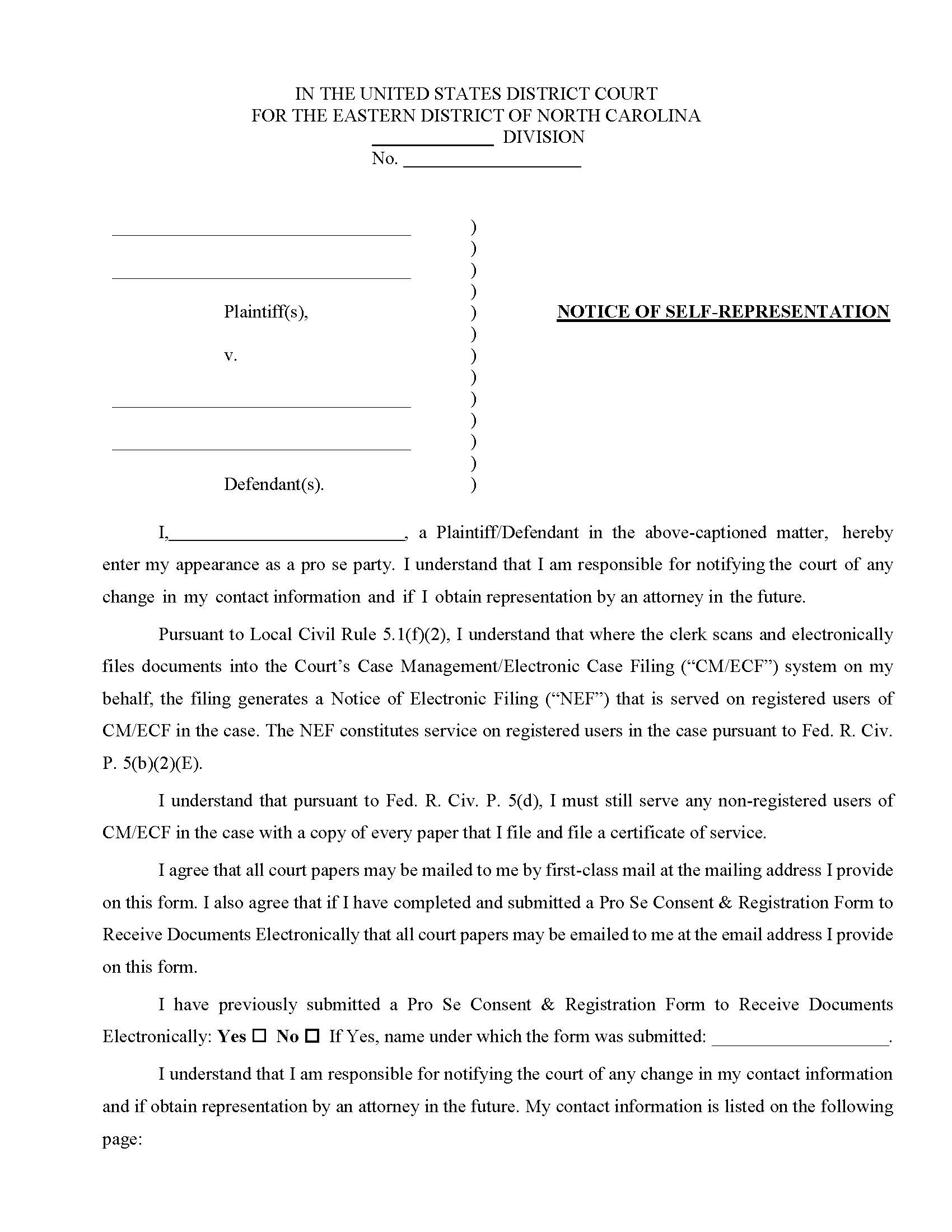 Notice Of Self Representation | Pdf Fpdf Docx | North Carolina