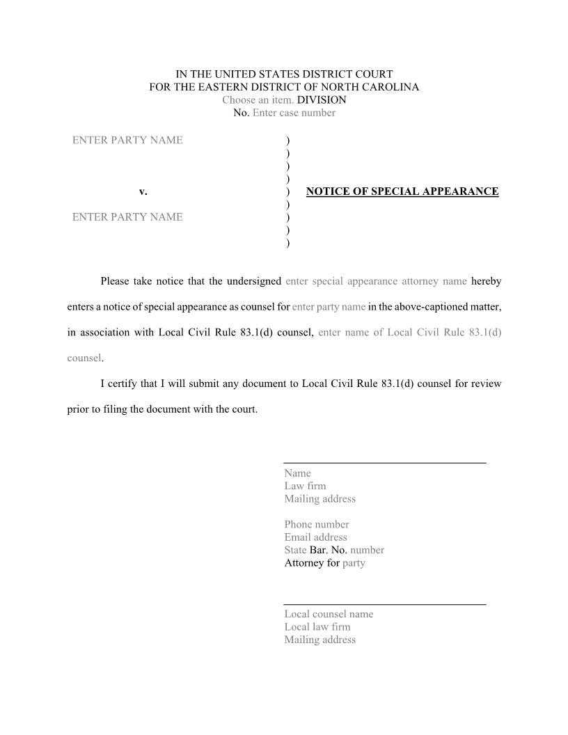 Notice Of Special Appearance (Civil) | Pdf Fpdf Docx | North Carolina