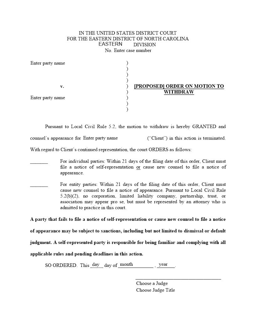 Proposed Order On Motion To Withdraw | Pdf Fpdf Docx | North Carolina