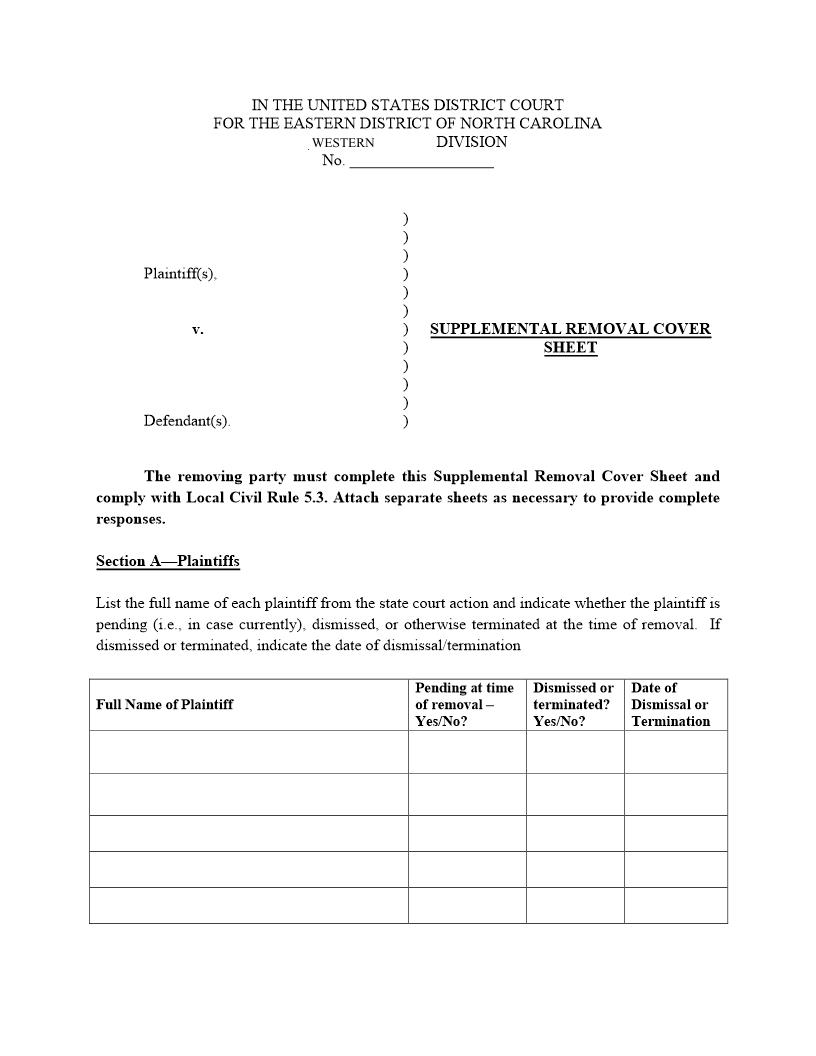 Supplemental Removal Cover Sheet | Pdf Fpdf Docx | North Carolina