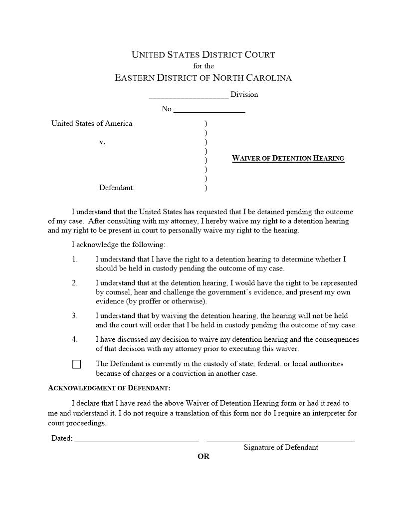 Waiver Of Detention Hearing | Pdf Fpdf Doc Docx | North Carolina