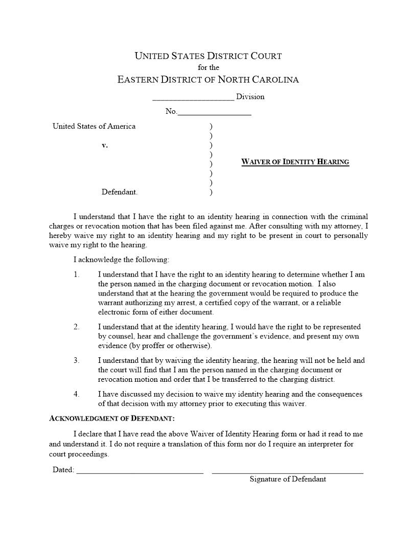 Waiver Of Identity Hearing | Pdf Fpdf Docx | North Carolina