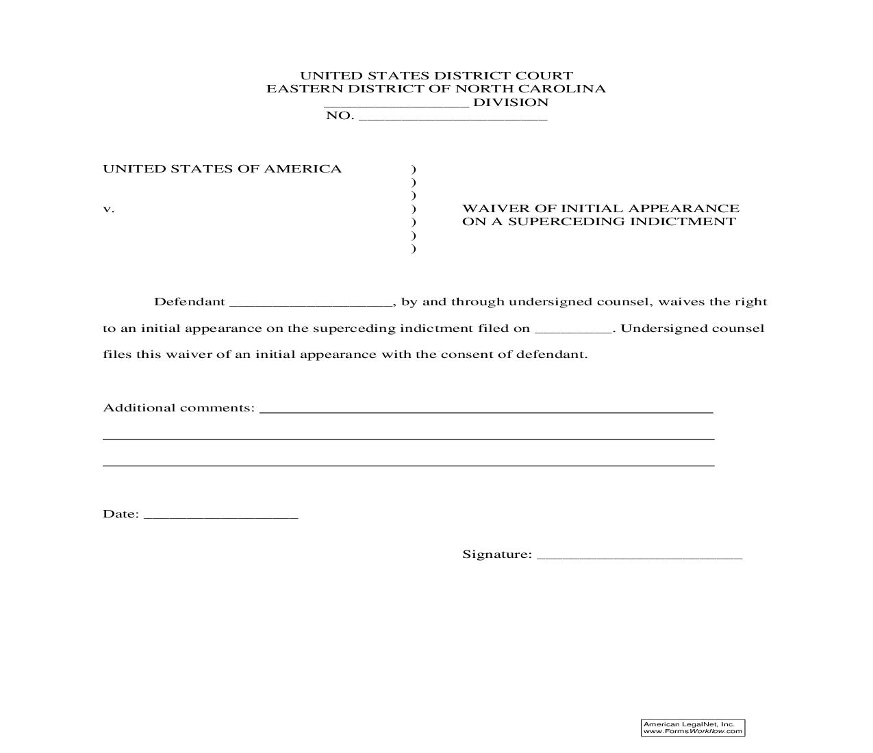Waiver Of Initial Appearance On A Superceding Indictment | Pdf Fpdf Doc Docx | North Carolina