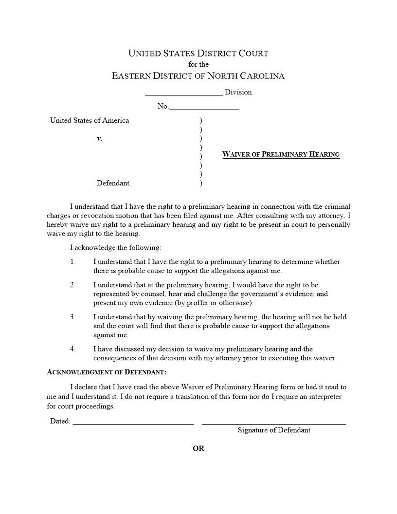 Waiver Of Preliminary Hearing | Pdf Fpdf Docx | North Carolina