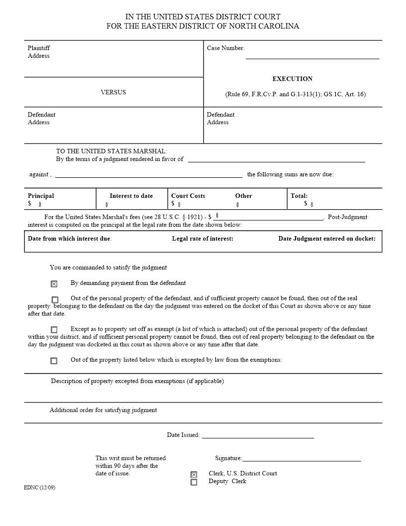 Writ Of Execution | Pdf Fpdf Docx | North Carolina