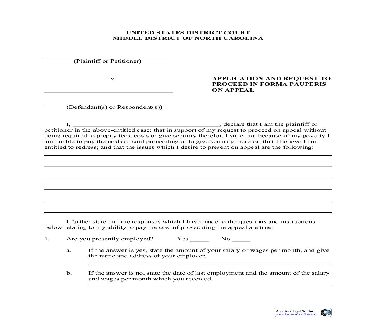 Application And Request To Proceed In Forma Pauperis On Appeal | Pdf Fpdf Doc Docx | North Carolina