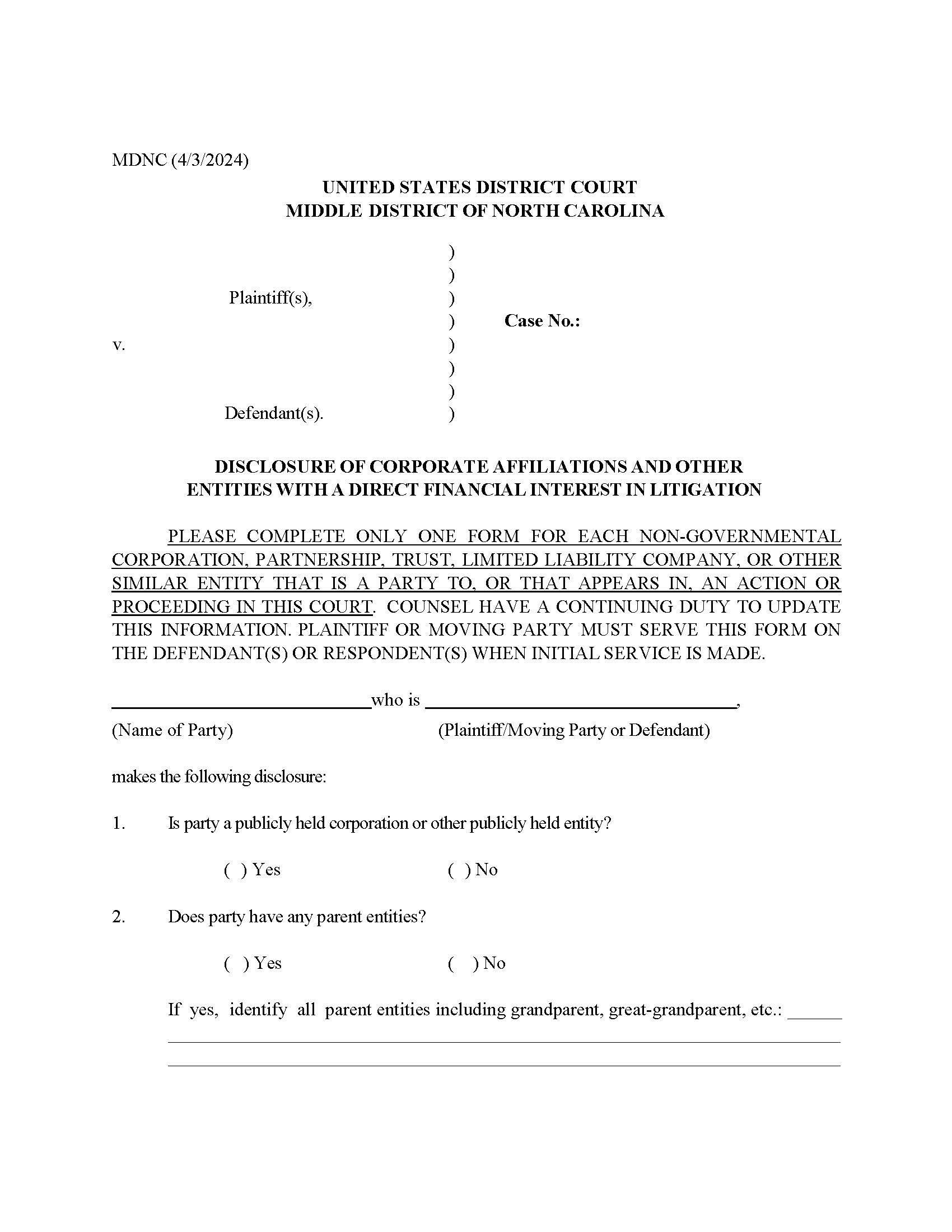 Disclosure Of Corporate Affiliations And Other Entities With Direct Financial Interest In Litigation | Pdf Fpdf Doc Docx | North Carolina