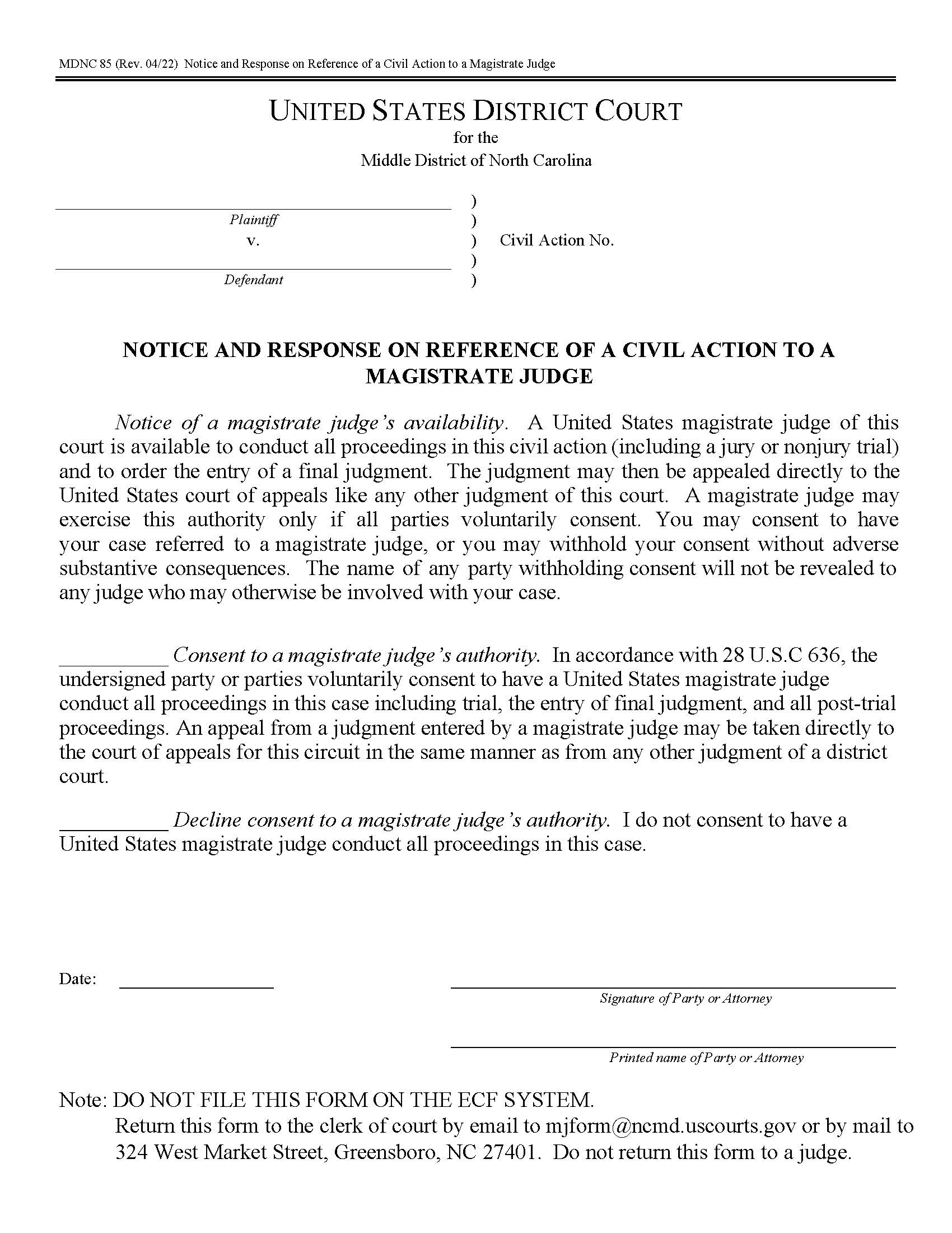 Notice And Response On Reference Of A Civi Action To A Magistrate Judge (MDNC) {85} | Pdf Fpdf Doc Docx | North Carolina
