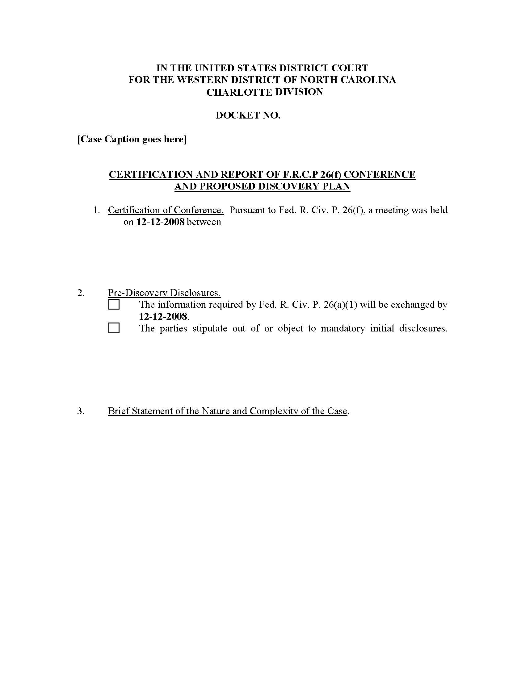 Certification And Report Of F.R.C.P. 26(f) Conference And Discovery Plan (Judge Whitney) | Pdf Fpdf Docx | North Carolina
