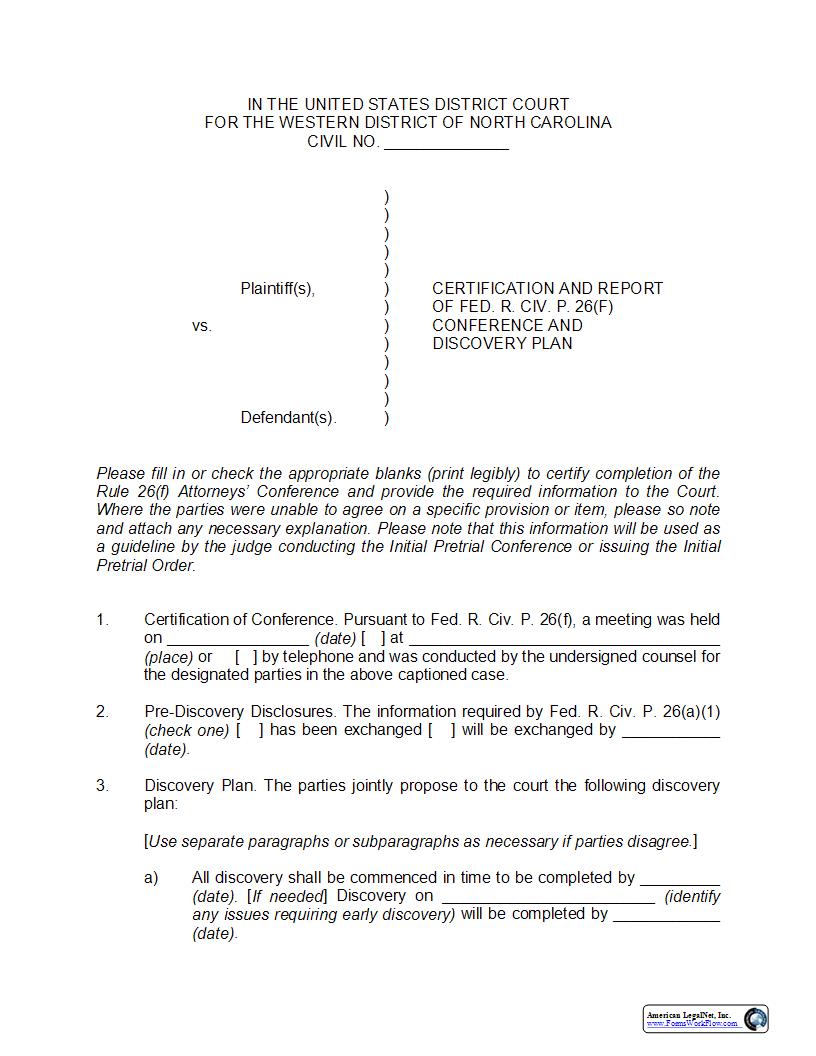 Certification And Report Of F.R.C.P. 26(f) Conference And Discovery Plan | Pdf Fpdf Docx | North Carolina