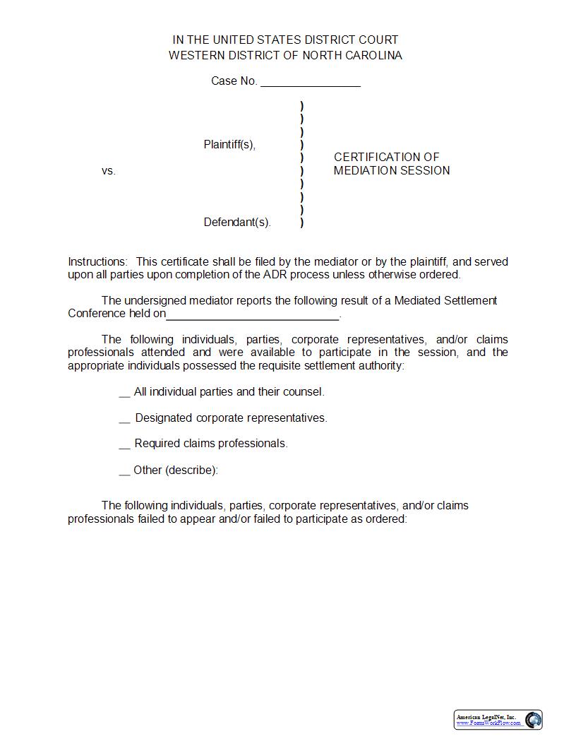 Certification Of Mediation Session | Pdf Fpdf Docx | North Carolina