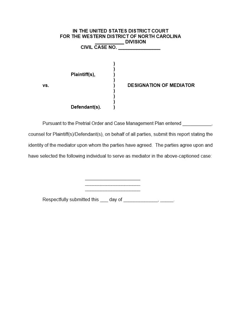 Designation Of Mediator | Pdf Fpdf Docx | North Carolina