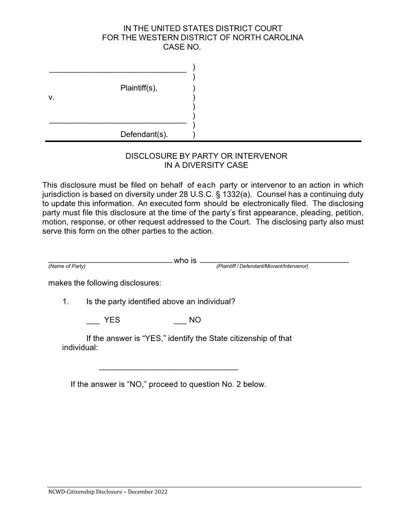 Disclosure By Party Or Intervenor In A Diversity Case | Pdf Fpdf Docx | North Carolina