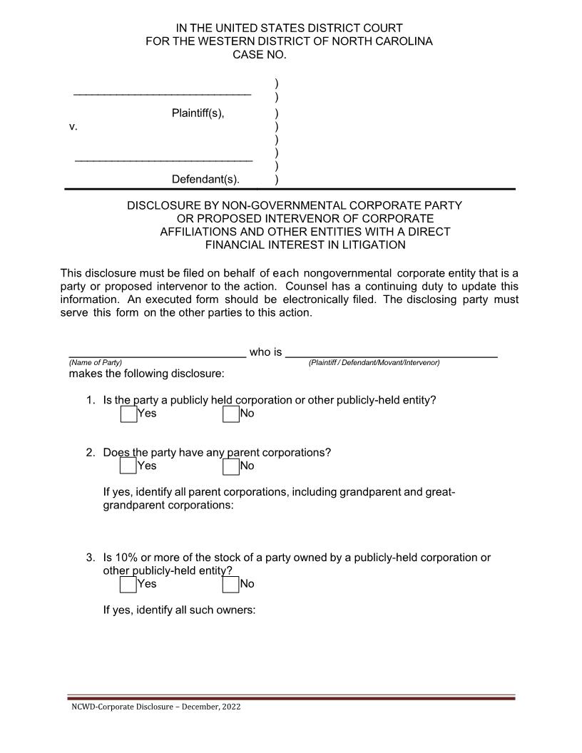 Disclosure Of Corporate Affiliations And Other Entities With A Direct Financial Interest | Pdf Fpdf Docx | North Carolina