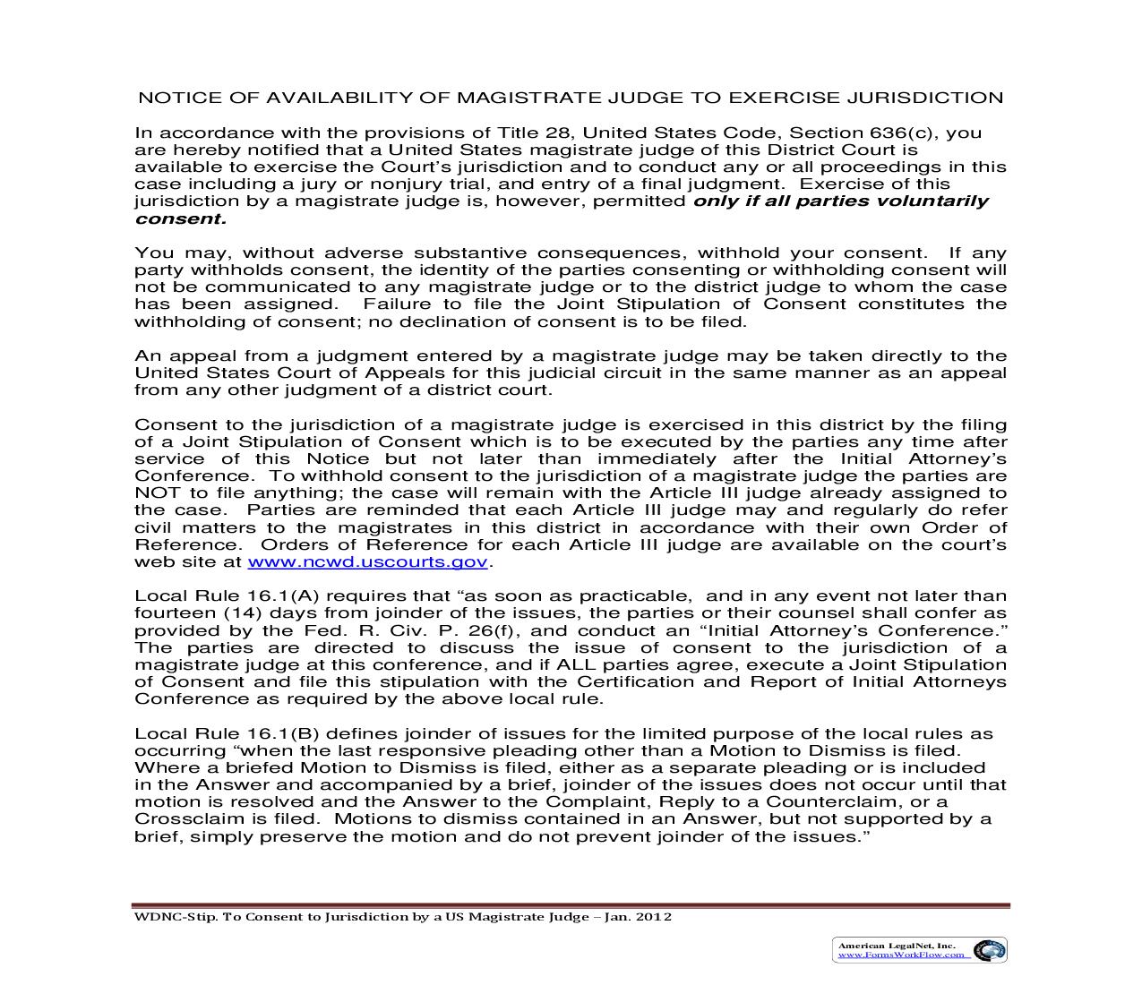 Joint Stipulation Of Consent To Exercise Of Jurisdiction By A United States Magistrate Judge | Pdf Fpdf Doc Docx | North Carolina