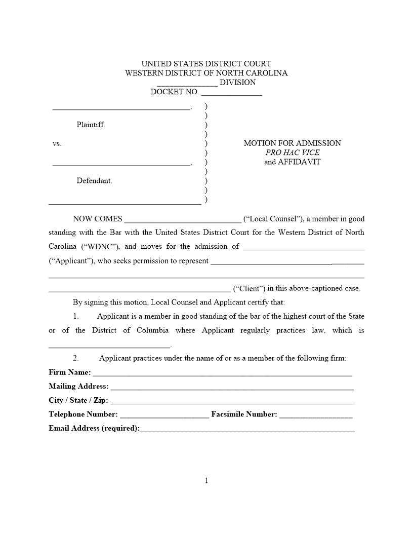 Motion For Admission Pro Hac VIce And Affidavit | Pdf Fpdf Docx | North Carolina