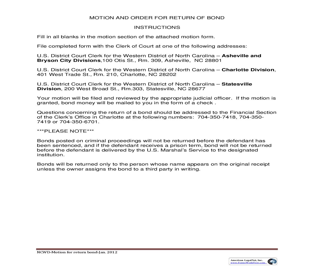 Motion For Return Of Bond | Pdf Fpdf Doc Docx | North Carolina