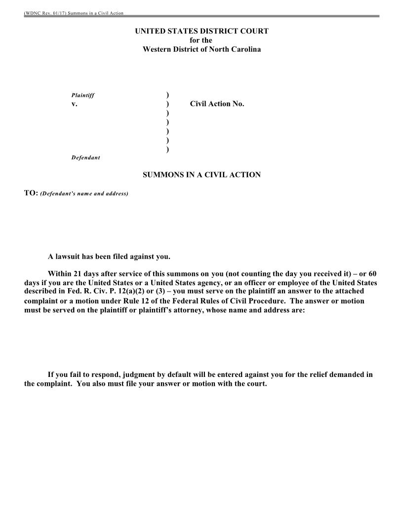 Summons In  A Civil Action | Pdf Fpdf Docx | North Carolina