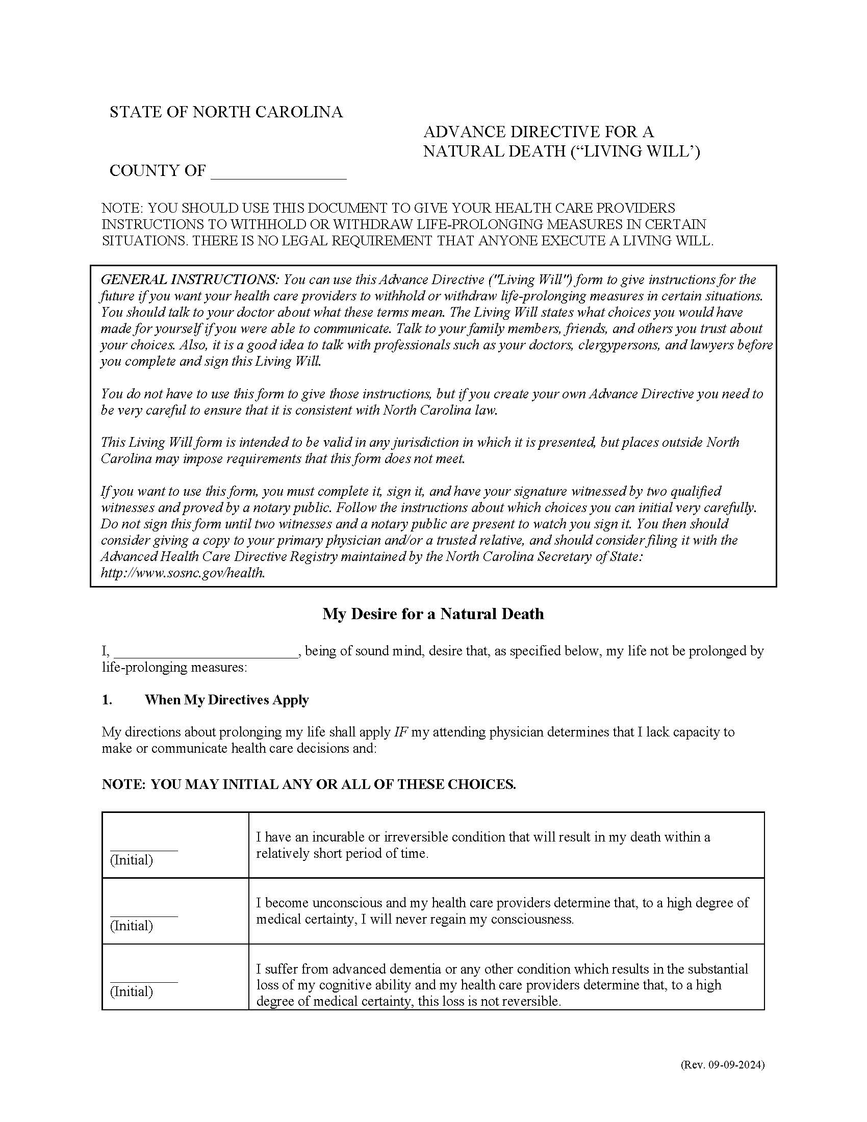Advance Directive For A Natural Death (Living Will) | Pdf Fpdf Doc Docx | North Carolina
