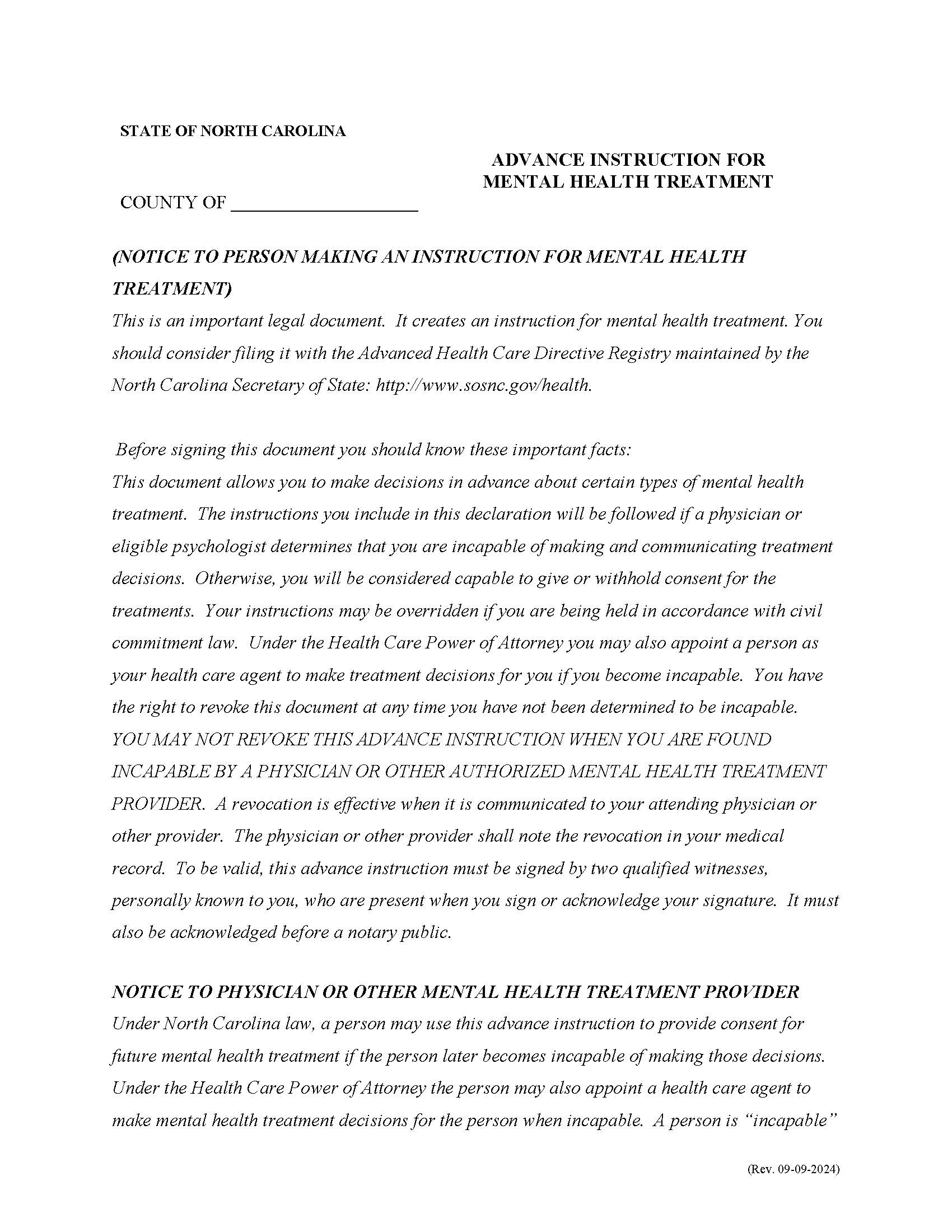 Advance Instruction For Mental Health Treatment | Pdf Fpdf Doc Docx | North Carolina