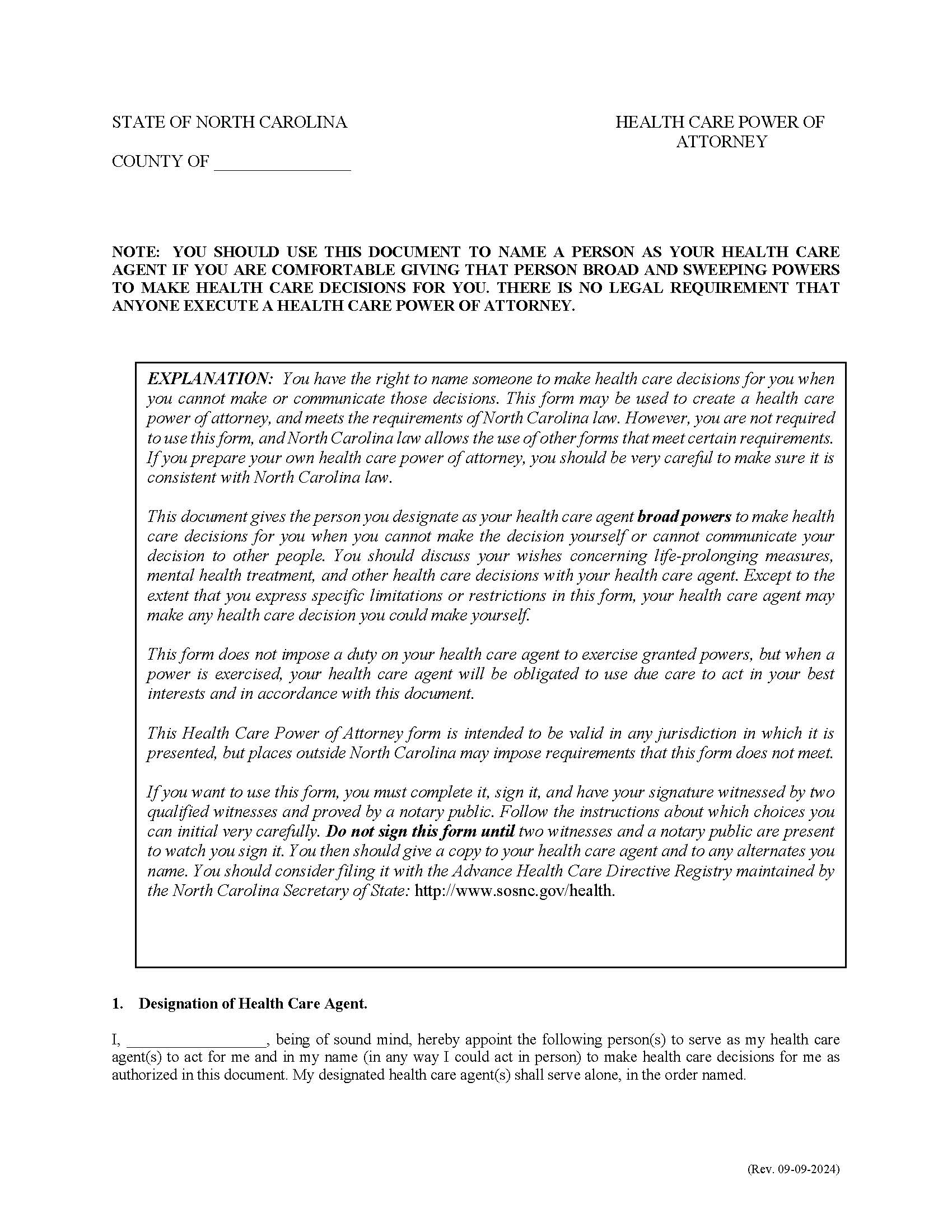 Health Care Power Of Attorney | Pdf Fpdf Doc Docx | North Carolina