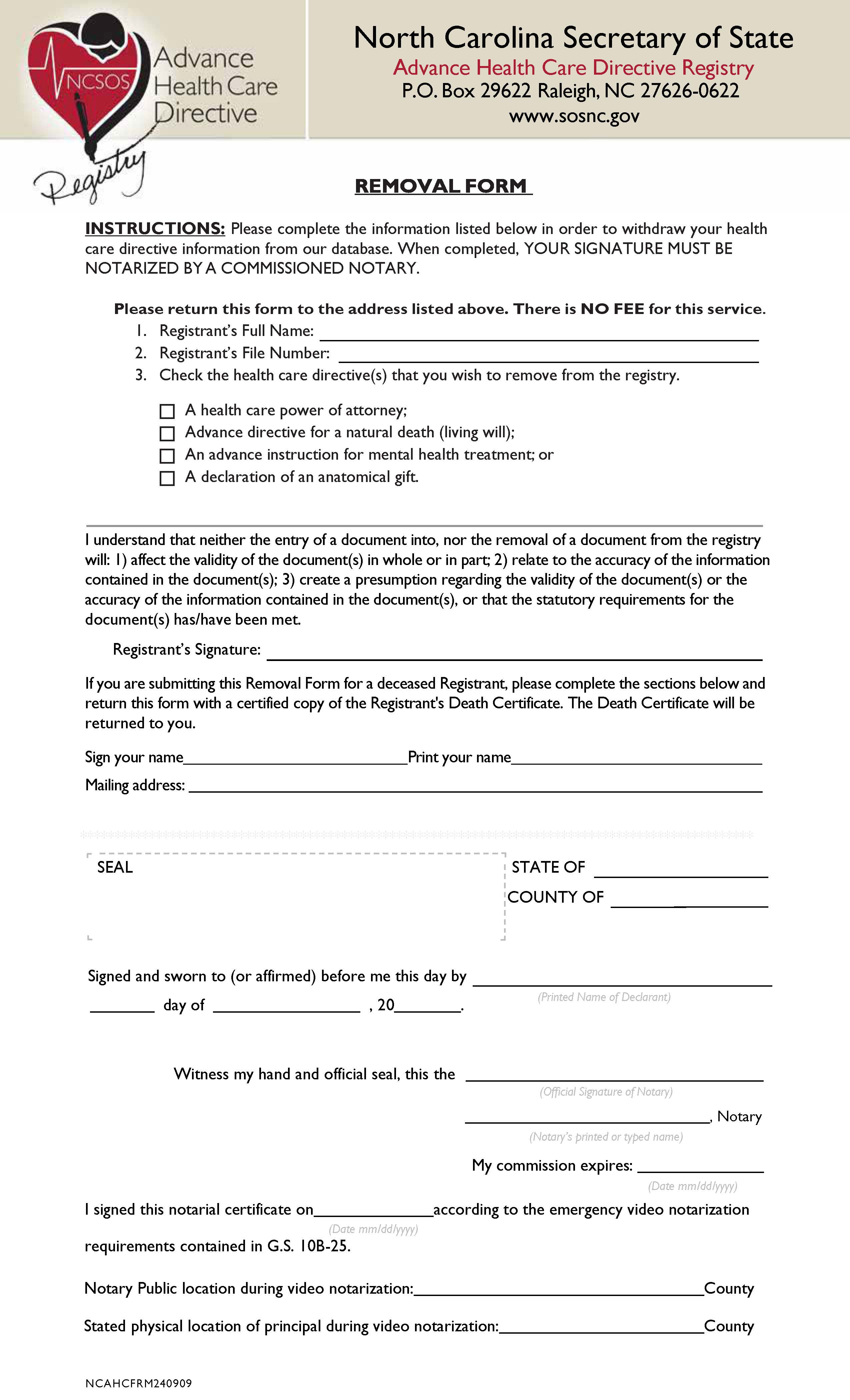 Removal Form | Pdf Fpdf Docx | North Carolina