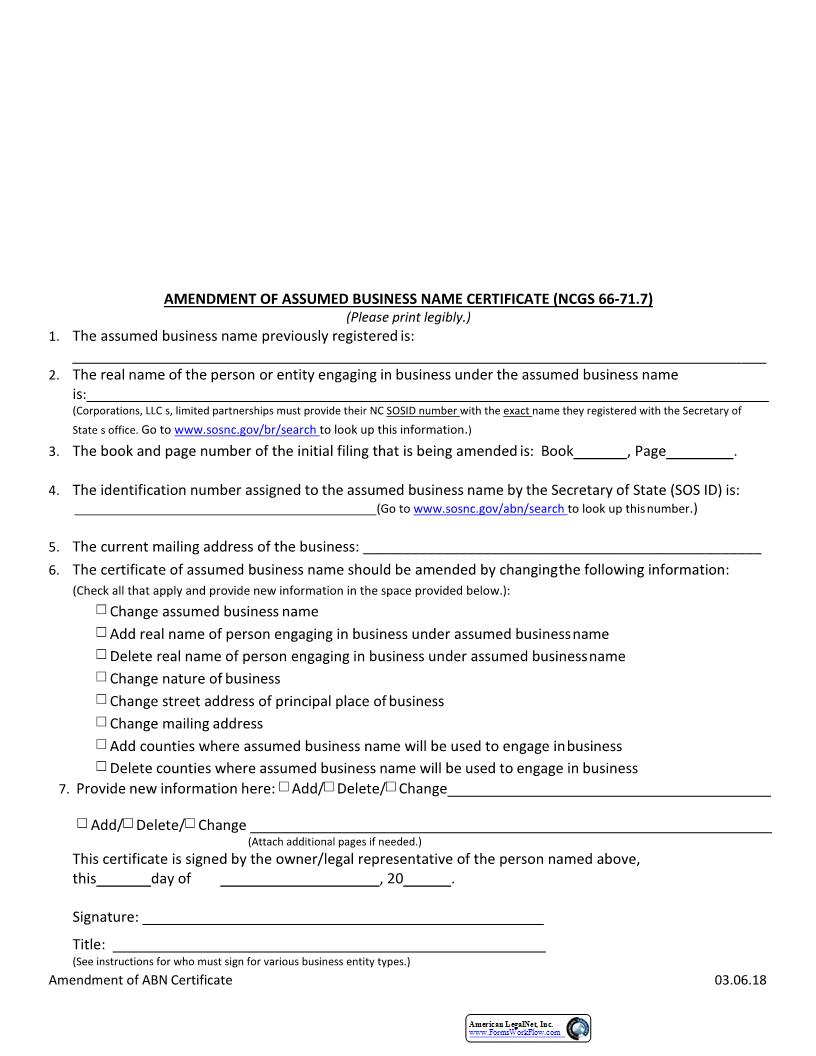 Amendment Of Assumed Business Name Certificate | Pdf Fpdf Docx | North Carolina