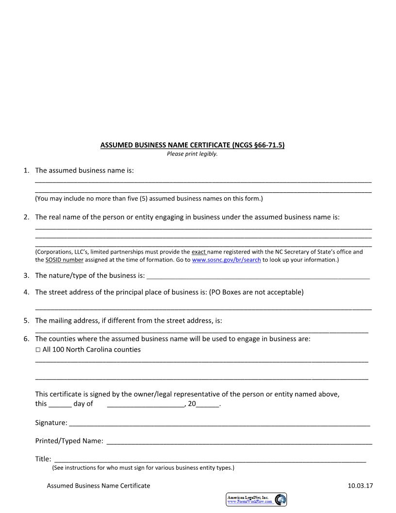 Assumed Business Name Certificate  | Pdf Fpdf Docx | North Carolina