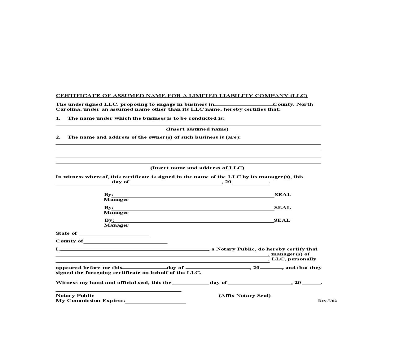 Certificate Of Assumed Name For Limited Liability Company |  | North Carolina