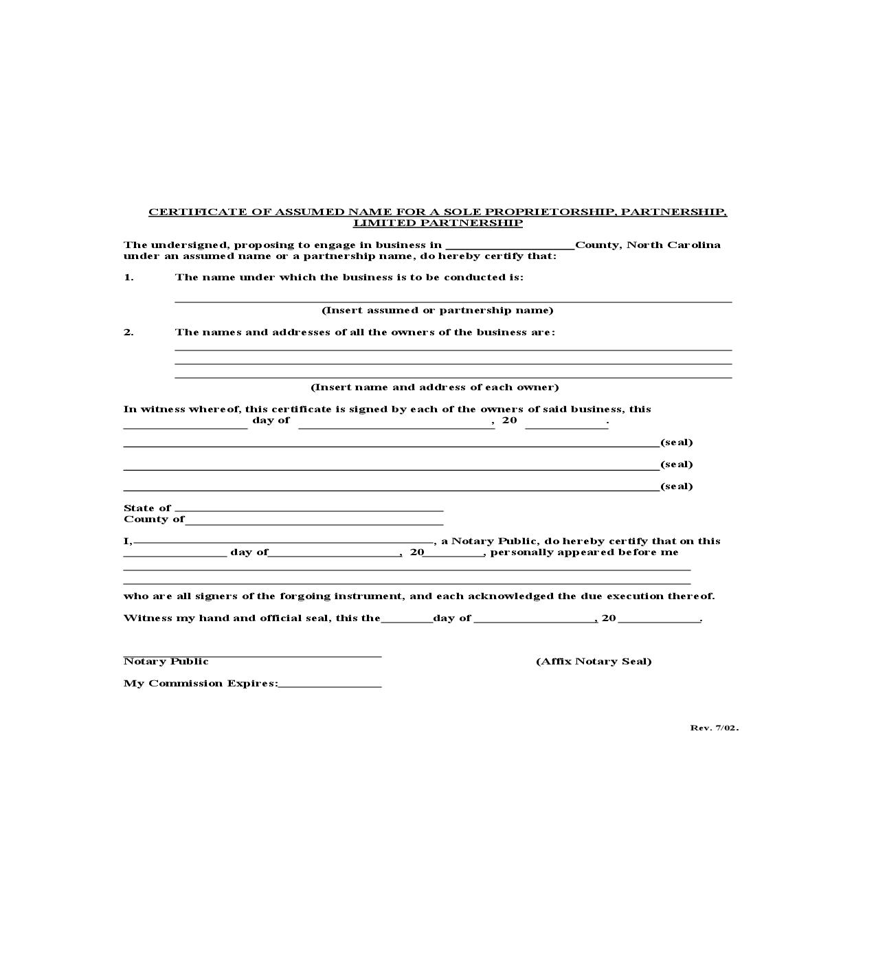 Certificate Of Assumed Name For Sole Proprietorship Partnership Or Limited Partnership |  | North Carolina