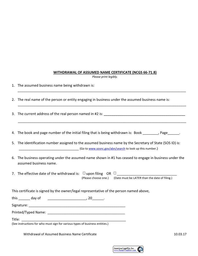 Withdrawal Of Assumed Name Certificate  | Pdf Fpdf Docx | North Carolina