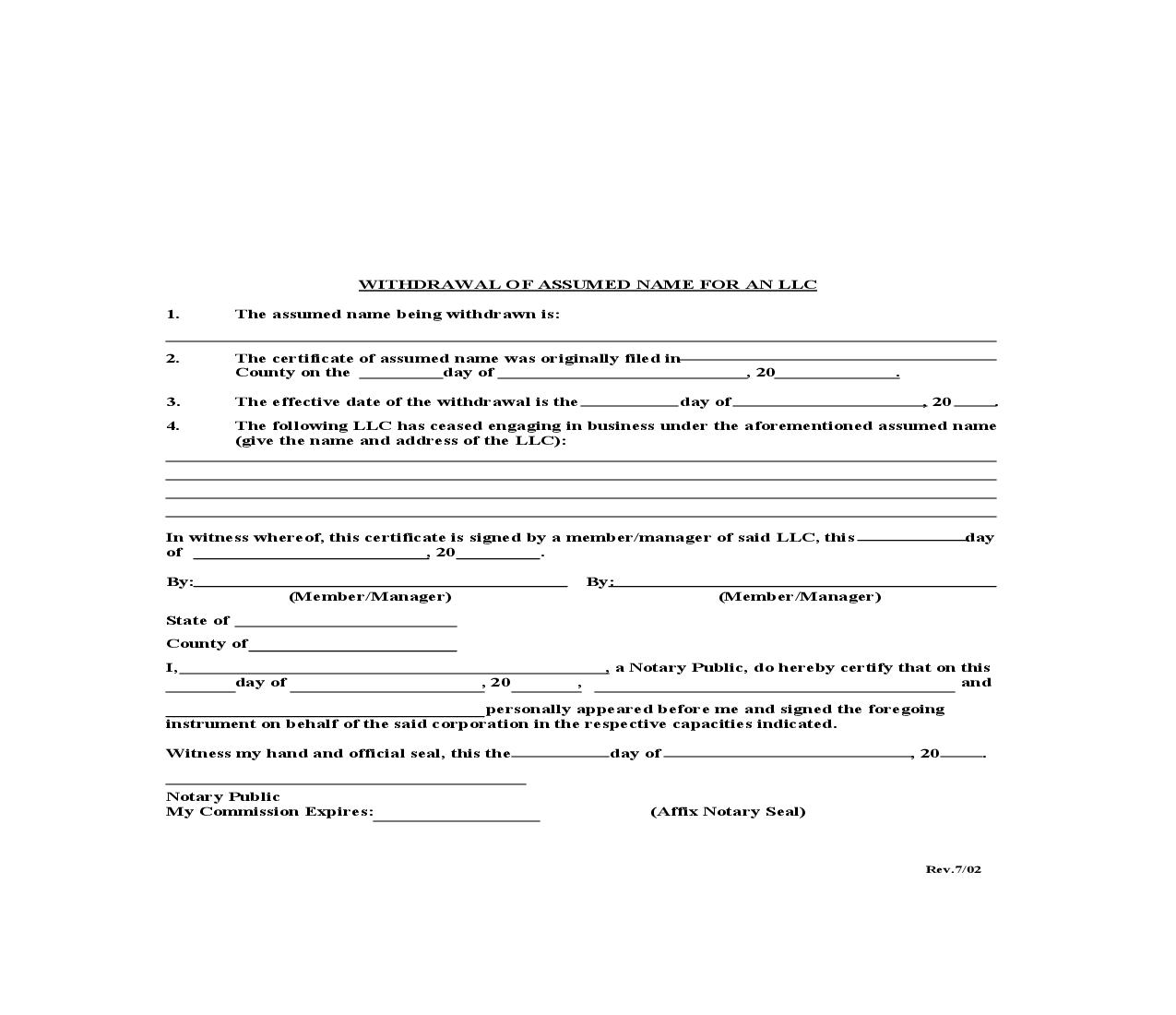 Withdrawal Of Assumed Name For An LLC |  | North Carolina