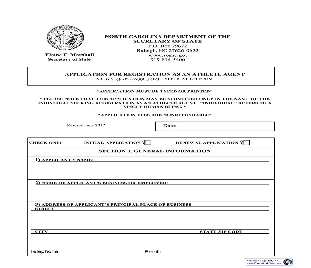 Application For Registration As An Athlete Agent | Pdf Fpdf Doc Docx | North Carolina