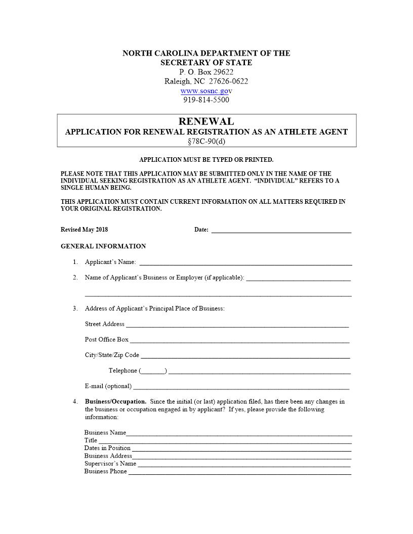 Application For Renewal Registration As An Athlete Agent | Pdf Fpdf Doc Docx | North Carolina