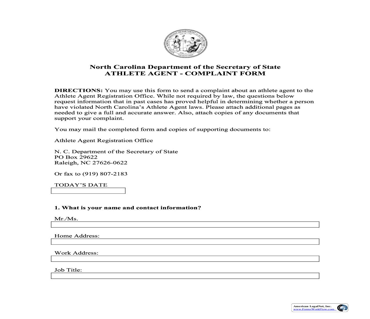 Athlete Agent-Complaint Form |  | North Carolina