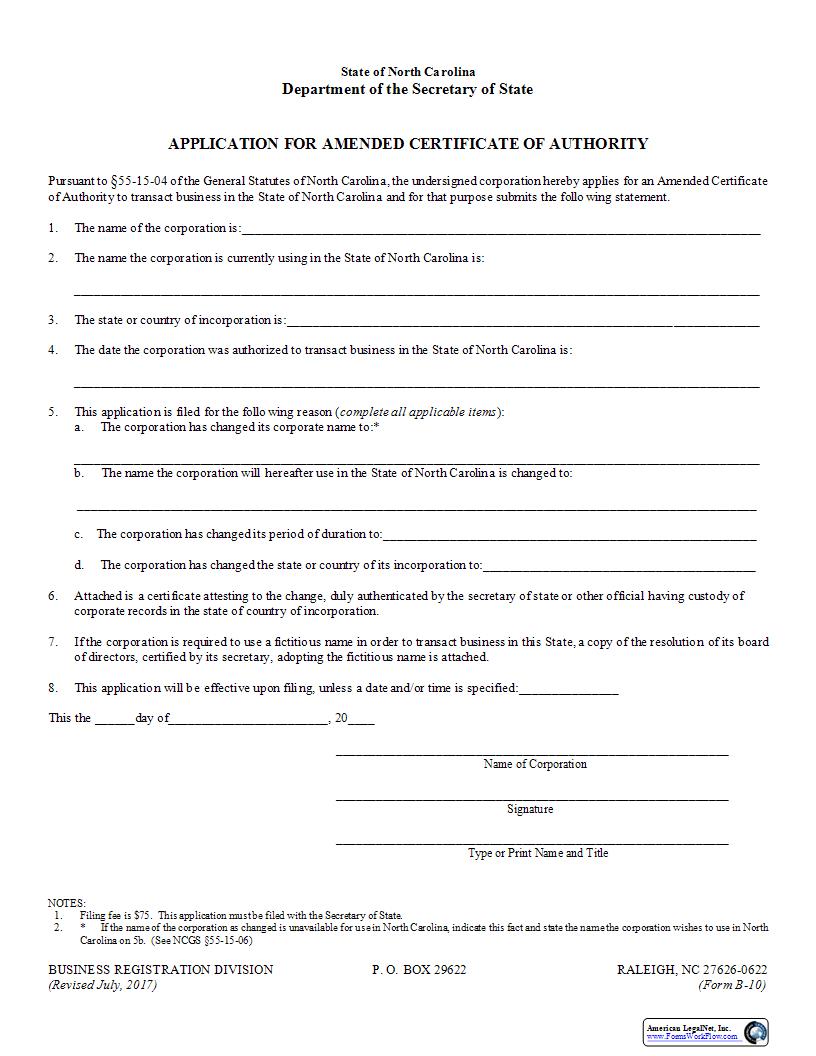 Application For Amended Certificate Of Authority {B-10} | Pdf Fpdf Docx | North Carolina