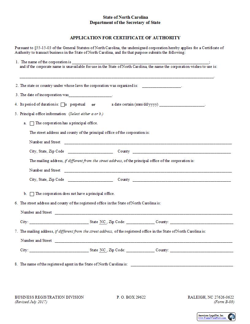 Application For Certificate Of Authority {B-09} | Pdf Fpdf Docx | North Carolina