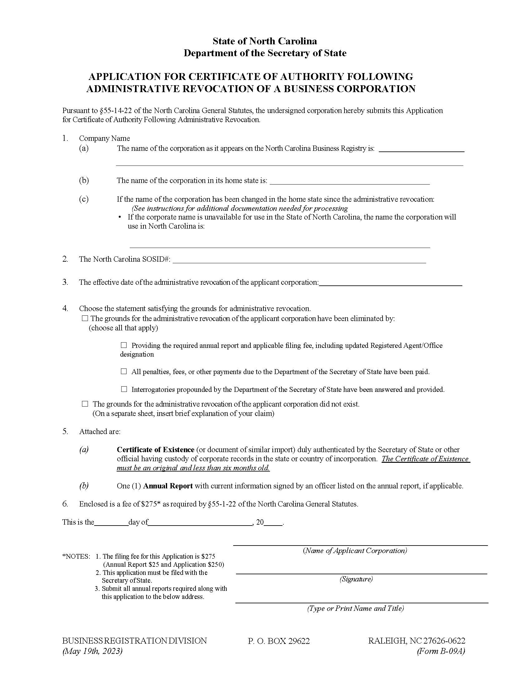 Application For Certificate Of Authority Following Administrative Revocation {B-09A} | Pdf Fpdf Docx | North Carolina