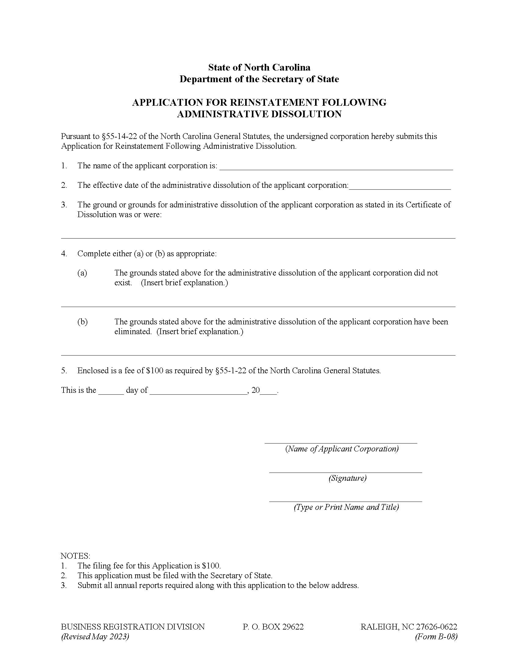 Application For Reinstatement Following Administrative Dissolution {B-08} | Pdf Fpdf Docx | North Carolina