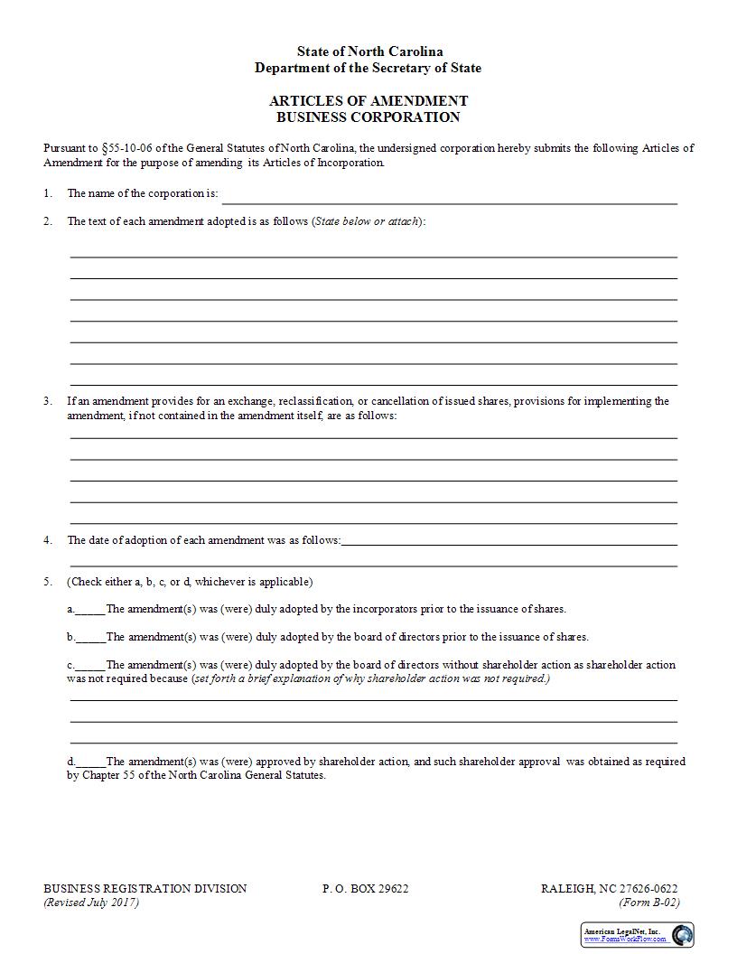 Articles Of Amendment {B-02} | Pdf Fpdf Docx | North Carolina