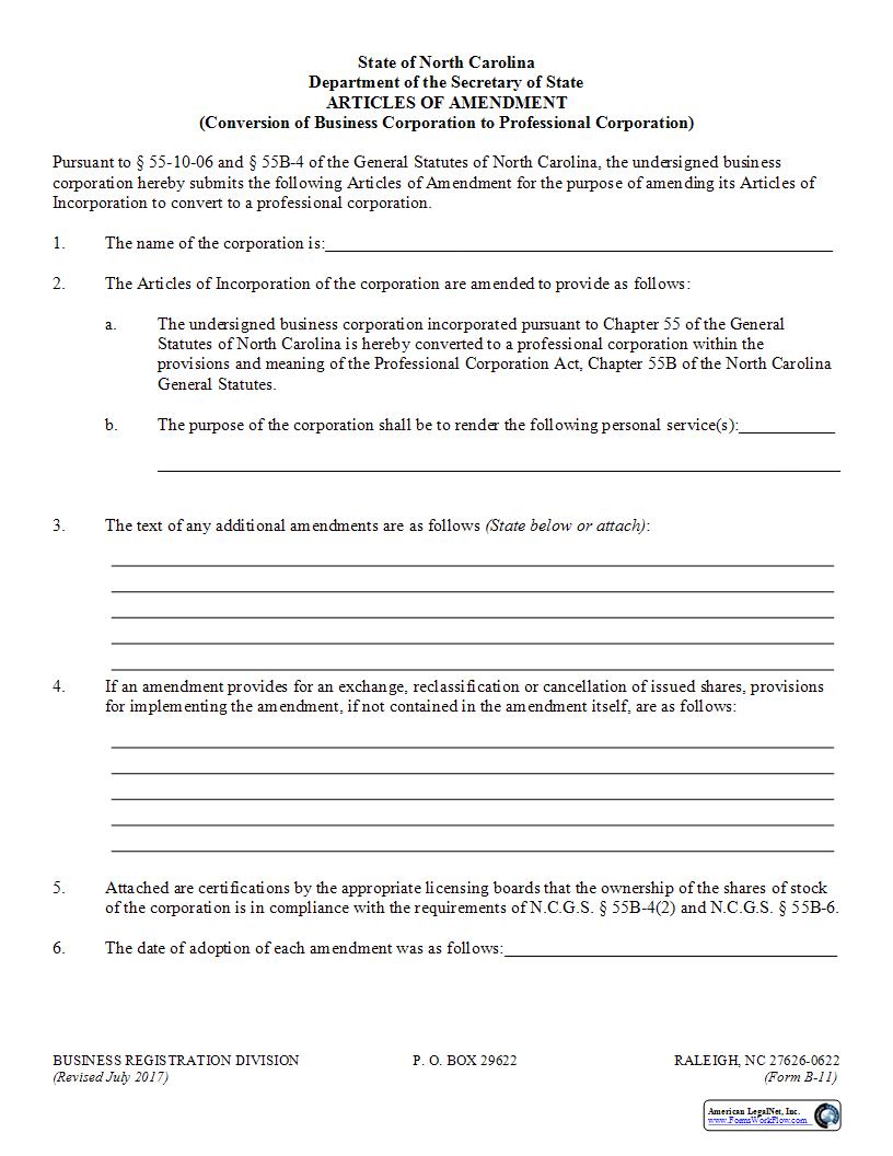 Articles Of Amendment Conversion Of Business Corporation To Professional Corporation {B-11} | Pdf Fpdf Docx | North Carolina