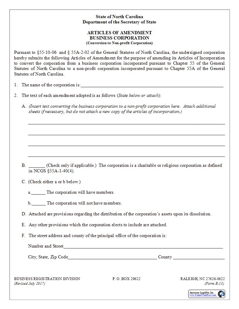Articles Of Amendment Conversion To Nonprofit Corporation {B-13} | Pdf Fpdf Docx | North Carolina